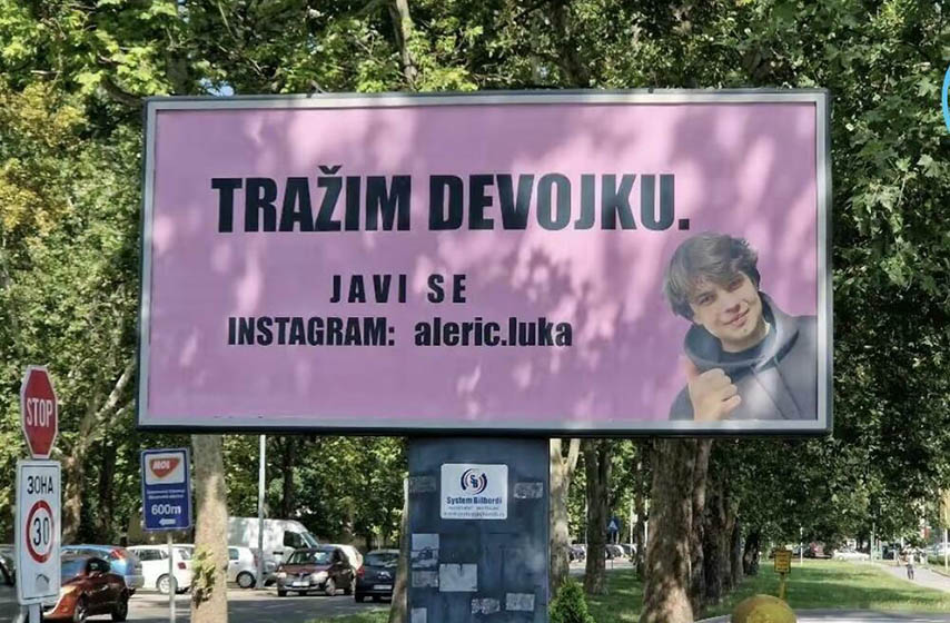 tiktoker, Pančevo, bilbord, tražim devojku, ljubav, romantična veza, luka aleric